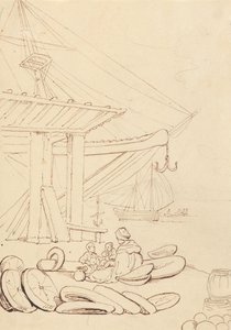 Skizze einer Frau und Kinder, die auf einem Schiffsanleger sitzen von Thomas Rowlandson