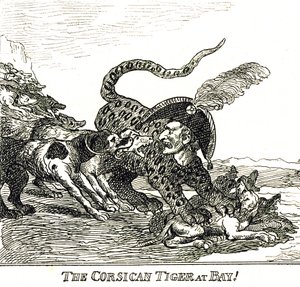 Der gebellte korsische Tiger (Napoleon Bonaparte), Karikatur 1808 von Thomas Rowlandson