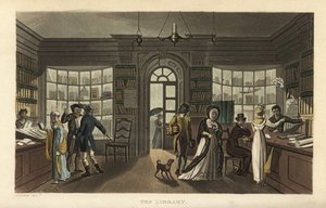 Die Bibliothek. Kunden, darunter eine Frau und ihr schwarzer Diener, betrachten neue Bücher in einer Leihbibliothek. Handkolorierter Kupferstich von Thomas Rowlandson nach einer Skizze von J. Green aus Poetical Sketches of Scarborough, Ackermann, London