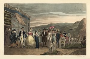 Die Promenade: modische Touristen spazieren vor Cracknill Shells, Pebbles and Curiosities Shop. Handkolorierte Kupferstichgravur von Thomas Rowlandson, Aquatinta von J.C. Stadler, nach einer Skizze von J. Green aus Poetical Sketches of Scarborough, Ackerma