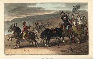 Die Sands: Touristen in einer von Eseln gezogenen Kutsche am Strand. Handkolorierte Kupferstichgravur von Thomas Rowlandson nach einer Skizze von J. Green aus Poetical Sketches of Scarborough, Ackermann, London von Thomas Rowlandson