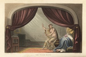 Das warme Bad: nackte Frau nimmt ein Bad hinter Vorhängen in einem Regency-Zimmer. Soll ein Porträt von Mary Robinson, der Geliebten von König George IV., sein. Handkolorierte Kupferstichgravur von Thomas Rowlandson, Aquatinta von J. Bluck, nach einer Skiz von Thomas Rowlandson