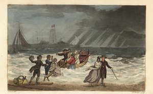 Die Wasserparty: Touristen geben wegen schlechten Wetters eine Seereise auf. Handkolorierte Kupferstichgravur von Thomas Rowlandson, Aquatinta von J.C. Stadler, nach einer Skizze von J. Green aus Poetical Sketches of Scarborough, Ackermann, London von Thomas Rowlandson