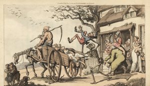 Der Tod und der alte Mann Zeit kommen, um den alten Ehemann von Goody Barton zu holen, aber der Wagen ist bereits voller Leichen. Handkolorierte Kupferplatte, gezeichnet und graviert von Thomas Rowlandson aus The English Dance of Death, Ackermann, London