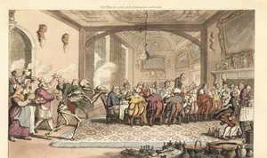 Der Skeletttod bringt ein tödliches Leckerbissen zu einem gefräßigen Fest in einer großen Halle. Handkolorierte Kupferplatte gezeichnet und graviert von Thomas Rowlandson aus The English Dance of Death, Ackermann, London