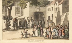 Der Tod trägt schwarze Trauerfedern vor dem Leichenzug von Lord Roland. Handkolorierter Kupferstich von Thomas Rowlandson aus The English Dance of Death, Ackermann, London von Thomas Rowlandson
