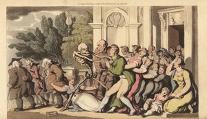 Der Skeletttod packt einen Vater am Kragen, während seine Frau und Kinder verzweifelt versuchen, ihn zu retten. Handkolorierte Kupferplatte gezeichnet und graviert von Thomas Rowlandson aus The English Dance of Death, Ackermann, London