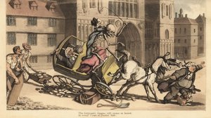 Das Skelett des Todes in Mantel und Mütze fährt eine zweispännige Kutsche, die in Straßenarbeiten stürzt und seinen Passagier, einen Gerichtsbeamten, tötet. Handkolorierte Kupferstichzeichnung und -gravur von Thomas Rowlandson aus The English Dance of Deat