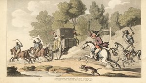 Der Tod begleitet einen wütenden Vater, der versucht, seine einzige Tochter daran zu hindern, mit einem Soldaten in einer Postkutsche nach Gretna Green durchzubrennen. Handkolorierte Kupferplatte gezeichnet und graviert von Thomas Rowlandson aus The Englis