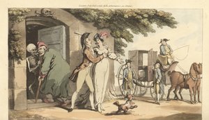 Der Skelett des Todes führt einen alten Mann in ein Mausoleum, während seine junge Witwe frei ist, wieder zu heiraten. Handkolorierte Kupferplatte gezeichnet und graviert von Thomas Rowlandson aus The English Dance of Death, Ackermann, London