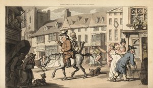 Das Skelett des Todes reitet auf einem Pferd mit einem Quacksalber, während nur der Dorfbestatter seinen Tod beklagt. Handkolorierte Kupferstichzeichnung und -gravur von Thomas Rowlandson