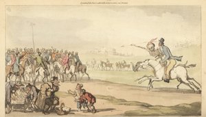 Das Skelett des Todes reitet mit einem Mann zum Wettposten auf einer Rennstrecke, während Kinder ein Lottospiel spielen. Handkolorierte Kupferplatte gezeichnet und graviert von Thomas Rowlandson aus „The English Dance of Death“, Ackermann, London