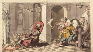 Der Skelett des Todes sitzt im Portiersessel eines großen Hauses, während die verängstigten Diener die Treppe hinunterkommen, um nachzusehen. Handkolorierte Kupferplatte gezeichnet und graviert von Thomas Rowlandson aus The English Dance of Death, Ackerman