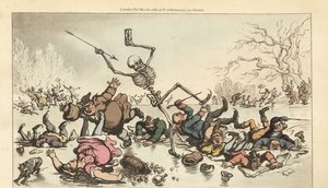 Das Skelett des Todes mit Pfeil und Sanduhr, das auf einem zugefrorenen Teich Schlittschuh läuft, während andere Schlittschuhläufer durch das gebrochene Eis fallen. Handkolorierte Kupferstichzeichnung und -gravur von Thomas Rowlandson aus The English Dance von Thomas Rowlandson