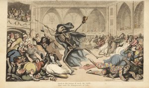 Das Skelett des Todes mit seiner Lanze verursacht einen Aufruhr unter den Harlekinen, Jockeys, Nonnen, Türken und Narren auf einem Maskenball. Handkolorierte Kupferstichzeichnung und -gravur von Thomas Rowlandson