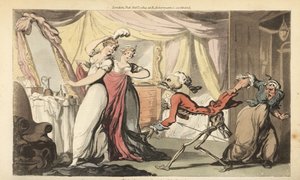 Der Skelett des Todes mit seiner Sanduhr kommt für eine schöne Kokette in ihrem Schlafzimmer. Handkolorierte Kupferplatte gezeichnet und graviert von Thomas Rowlandson aus The English Dance of Death, Ackermann, London von Thomas Rowlandson
