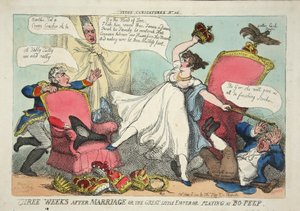 Drei Wochen nach der Hochzeit oder der große kleine Kaiser spielt Verstecken, veröffentlicht 1810 (handkolorierte Gravur)