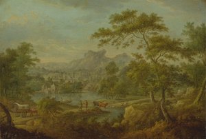 Eine imaginäre Landschaft mit einem Wagen und einer fernen Ansicht einer Stadt