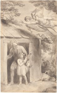 Peter und seine Kinder, besucht von drei fliegenden Figuren von Thomas Stothard