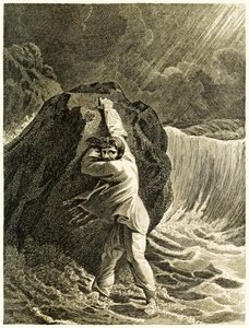 Robinson Crusoe Schiffbruch und klammert sich an einen Felsen aus 