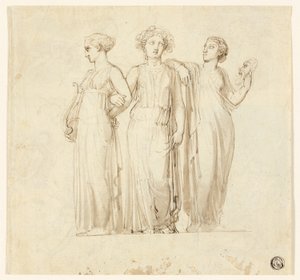 Drei Musen (recto); Studie eines Ritters und Mönchs für eine Illustration in einem gotischen Roman (verso) von Thomas Stothard