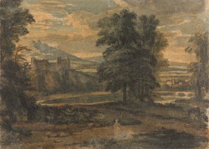 Landschaft mit Bergen, Schloss, Bäumen und See
