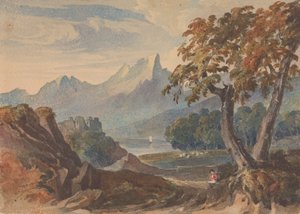Landschaft mit Bergen, See, Schloss, sitzender Figur im Vordergrund