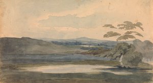 Landschaft mit Bäumen und Bergen, See im Vordergrund