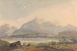 Gebirgslandschaft mit See und Figur im Vordergrund