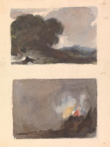 Zwei Zeichnungen auf einem Blatt: Landschaft mit Baum im Vordergrund und Berge in der Ferne - Hobbema und Ruysdaels Prinzip (Nr. 5); Figur in Innenraumszene - Teniers und Ostades Prinzip (Nr. 6)