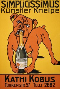 Vintage-Poster eines Bulldoggen, der eine Champagnerflasche beißt