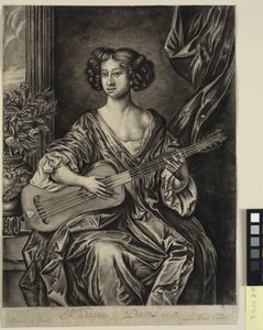 Dame spielt Gitarre, "Madame Davis"; nach Sir Peter Lelys gemaltem Porträt von Mary Davies in der Sammlung des Earl of Bradford, ca. 1674 von Thomas Watson