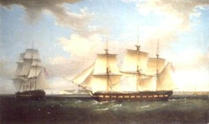 Der Indiaman in zwei Positionen vor Walmer Castle, Kent