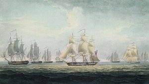 Das Marine-Manöver von Sir Graham Moore, Kommandant des Geschwaders von vier Fregatten der britischen Royal Navy, das am 5. Oktober vor Cádiz, Spanien, eine spanische Schatzflotte eroberte
