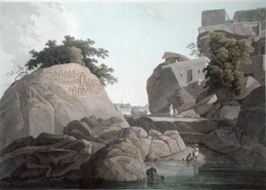 Südostansicht des Fakeers Rock am Fluss Ganges, in der Nähe von Sultaungunge, Tafel X aus 