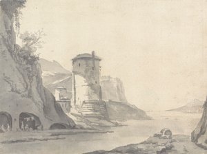 Ein Dorf in einer felsigen Küstenbucht (Italienisch?) mit Rundturm am linken Ufer