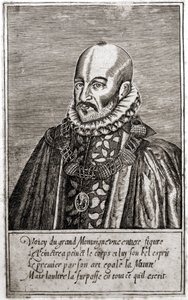 Porträt von Michel de Montaigne (1533-1592), französischer Schriftsteller. Gravur von Thomas de Leu (1560-1612).
