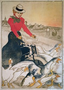 Frau auf motorisiertem Velociped und Gruppe von Gänsen von Théophile Alexandre Steinlen