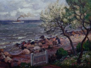 Sommerlandschaft mit Gartentor und Frau