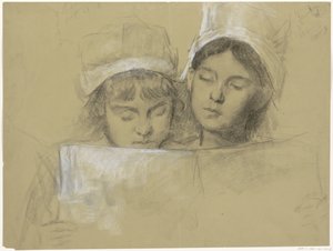 Zwei Mädchen mit weißen Mützen, die in einem Buch lesen von Thérèse Schwartze