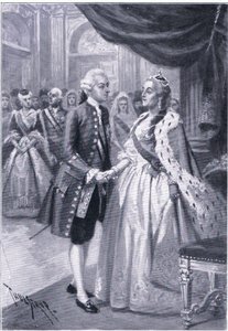 Treffen von Katharina II. von Russland und Joseph II. von Österreich, Illustration aus Landmarks in European History, veröffentlicht von Gresham Publishing Co, ca. 1920 von Thure de Thulstrup