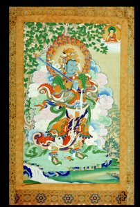 Thangka-Malerei, die Virudhaka (Pag che po) Wächter des Südens darstellt, tibetisch, 19. Jahrhundert