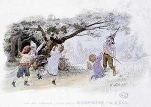 Kinderspiele: Kinder spielen Krieg, Soldaten - Zeichnung von Lobrichon, ed. von Phosphatine Falières, ca. 1920 von Timoleon Marie Lobrichon