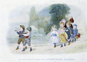 Kinderspiele: Hochzeitsprozession, Kinder verkleidet als Bräute - Zeichnung von Lobrichon, herausgegeben von Phosphatine Falières, um 1920 von Timoleon Marie Lobrichon