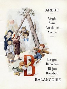 Buchstaben A und B, die Kinder darstellen, die Schaukel spielen, Ende des 19. Jahrhunderts (Chromolithographie)