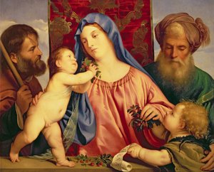 Madonna der Kirschen mit Joseph, St. Zacharias und Johannes dem Täufer von Tiziano Vecelli