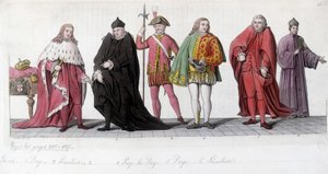 Venezianische Adlige (Doge, Page und Senator). Gravur inspiriert von Tiziano Vecellio, bekannt als Le Titian (1485-1576) und repliziert in den Mosaiken der Basilika von San Marco. In „Das alte und moderne Kostüm“ 1819-1820, von Jules Ferrario