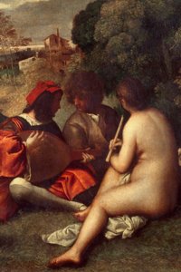 Das Konzert im Freien. Musiker auf dem Gras, Frauen sind nackt. Detail. Gemälde zugeschrieben Tiziano Vecellio dit le Titian (1485-1576) oder Giorgio da Castelfranco dit Giorgione (1476/1478-1510)