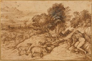 Eine bewaldete Landschaft mit einer nackten Frau, deren Kopf von einem Umhang verdeckt ist