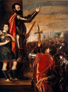 Die Rede von Alfonso de Avalos (1502-1546), italienischer Condottiere. Gemälde von Tiziano Vecellio, genannt der Tizian (1490 circa-1576) 1540-1541. Maße 223x165 cm. Madrid, Prado Museum von Tiziano Vecelli